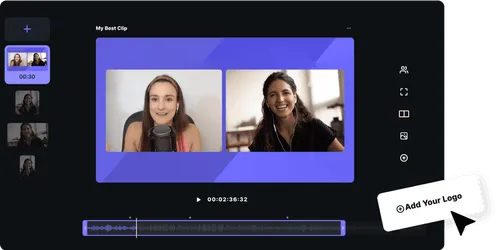 Video editing interface showing two women talking on a split-screen with timeline and editing controls.